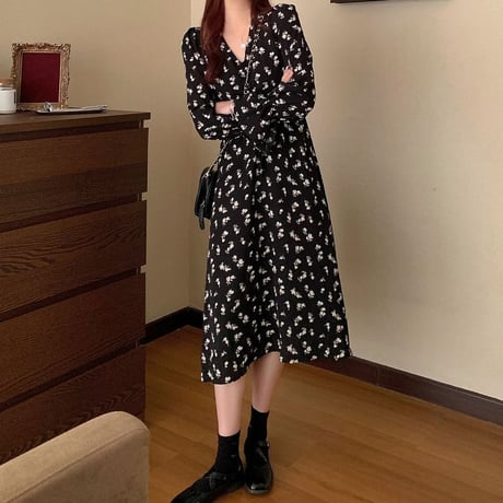 花柄 ワンピース Vネック 長袖 ロング丈  韓国ファッション レディース 大人可愛い ガーリー フェミニン DTC-626055147942