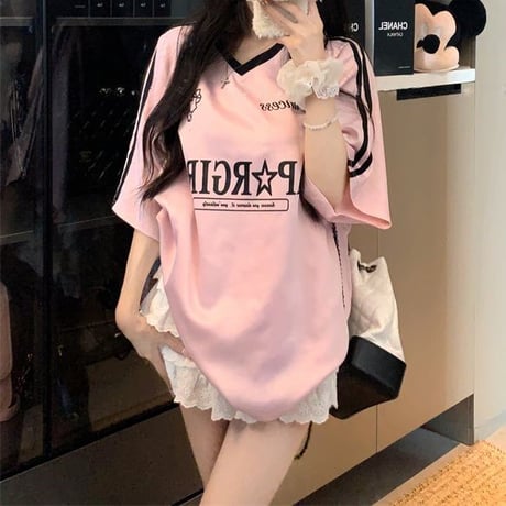 Tシャツ ユニフォーム風 サイドライン Vネック トップス 半袖 オーバーサイズ レトロ 韓国ファッション レディース 大人可愛い ガーリー スポーツミックス DTC-812444710826