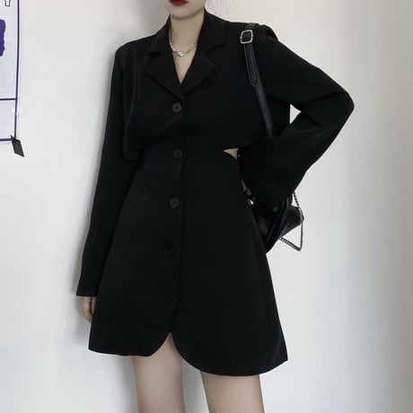 スーツワンピース オープンバッグ 背中開き 背中見せ ワンピース ハイウエスト 長袖 レトロ 韓国ファッション レディース 大人可愛い ガーリー ゴシック DTC-650160435855
