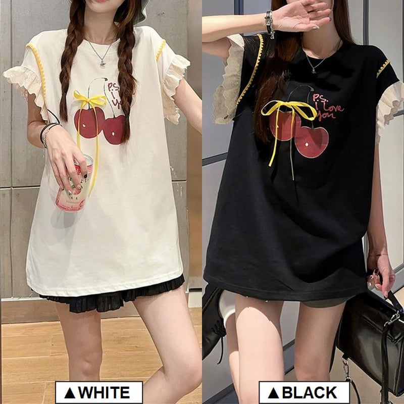 Tシャツ リボン さくらんぼプリント フライングスリーブ レース