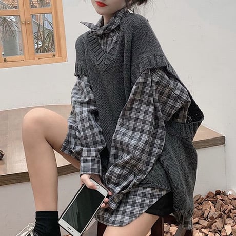 セットアップ チェック柄シャツ ダメージ加工 ニットベスト ルーズ ニット 秋 冬 韓国ファッション レディース ガーリー (DTC-601823900318_003)