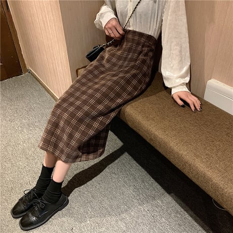 チェック柄 コーデュロイスカート ハイウエスト 韓国ファッション レディース ロングスカート タイトスカート 大人可愛い ガーリー DTC-628449073016