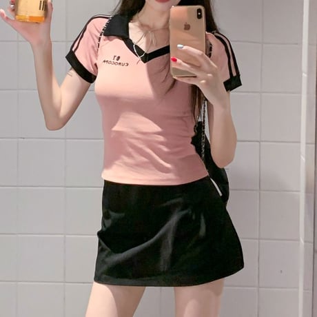 Tシャツ Vネック 袖ライン ポロカラー スリムフィット へそ出し ポロシャツ 半袖 レトロ 韓国ファッション レディース 大人可愛い ガーリー DTCA-959964838030