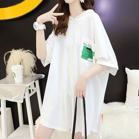 Tシャツ ワンピース パーカー ロングTシャツ フードTシャツ フード付き ゆったり 半袖 レトロ 韓国ファッション レディース 大人可愛い ガーリー カジュアル DTC-669585218614