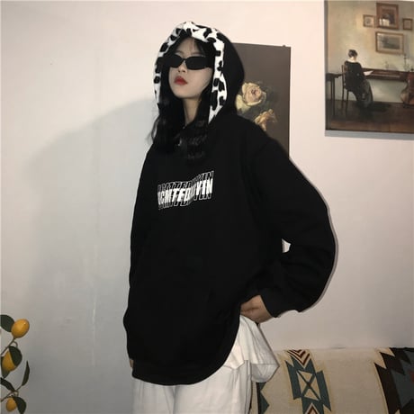 パーカー 裏起毛 牛柄 プルオーバー プラスベルベット 長袖 オーバーサイズ 韓国ファッション レディース  大きめ ルーズ カジュアル ストリートファッションDTC-632722559935)