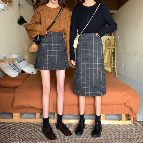 【2点セット】 ミニスカート ＋ ロングスカート 韓国ファッション レディース スカート グレー チェック柄 ハイウエスト タイトスカート ウール レトロ (DTC-605623602308_01)
