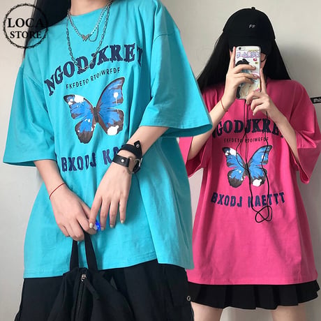 【2カラー】 Tシャツ バタフライ柄 半袖Tシャツ 半袖 オーバーサイズ レトロ 韓国ファッション レディース 大人可愛い ガーリー カジュアル ストリート系 DTC-619205596025
