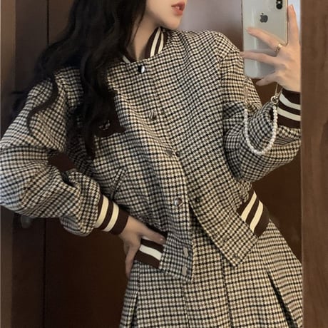 セットアップ チェック柄 スタジャン プリーツスカート 長袖 ゆったり レトロ 2点セット 韓国ファッション レディース カジュアル 大人可愛い ガーリー DTC-665991124479