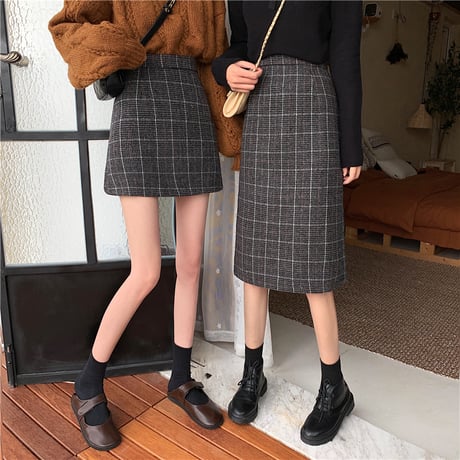 【2点セット】 ミニスカート ＋ ロングスカート 韓国ファッション レディース スカート グレー チェック柄 ハイウエスト タイトスカート ウール レトロ (DTC-605623602308_01)