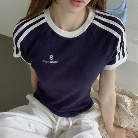 Tシャツ サイドライン スリムフィット トップス 半袖 レトロ 韓国ファッション レディース 大人可愛い ガーリー スポーツミックス カジュアル DTC-800737155571