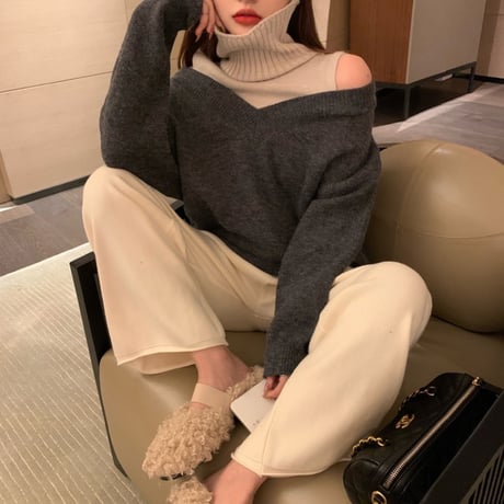 ドッキング ニット セーター ハイネック オープンショルダー 韓国ファッション レディース フェイクレイヤード 肩あき ルーズ ゆったり 大人可愛い ガーリー DTC-630951104613