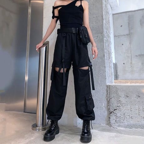 2WAY カーゴパンツ ワイドパンツ バックルベルト ストラップ ミリタリーパンツ アシンメトリー ウエストゴム 韓国ファッション レディース 大人可愛い ガーリー DTC-656242658198