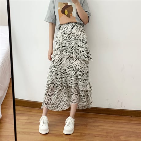 レディース ダルメシアン柄 ティアードスカート フリルスカート ドット柄 フェミニン 韓国ファッション (DCT-591916977326)