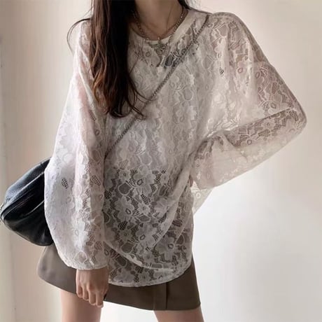 フラワーレース tシャツ 透け感 トップス ホワイト ブラック クルーネック レース ロンT 長袖 レトロ 大人可愛い ガーリー DTCA-865166902200