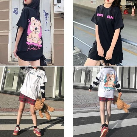 ユニセックス Tシャツ 半袖 KOOKY BEAR クマ バックプリント オーバーサイズ カジュアル ストリート系ファッション 韓国ファッション メンズ レディース DTC-706524874206