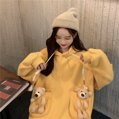 パーカー 裏起毛 クマのぬいぐるみ ベアー プルオーバー 長袖 ルーズ 韓国ファッション レディース スウェット ゆったり 大きめ カジュアル ストリート系 DTC-629418331286