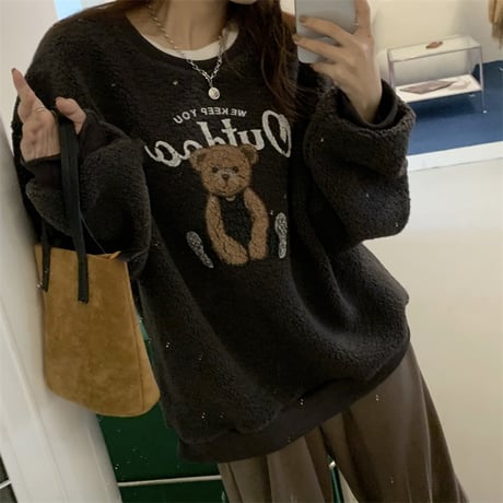 ボアトレーナー クマ ベア もこもこ トレーナー ボア オーバーサイズ 長袖 レトロ 韓国ファッション レディース 大人可愛い ガーリー カジュアル DTC-661335539781