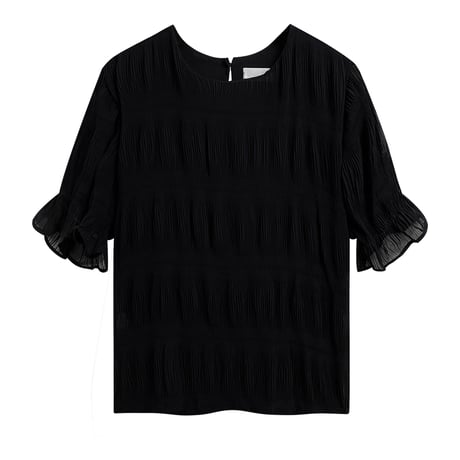 プリーツ ティアード ブラウス パフ袖 半袖 シフォン 韓国ファッション レディース  トップス 薄手 無地大人可愛い ガーリー フェミニン DTC-619794661879