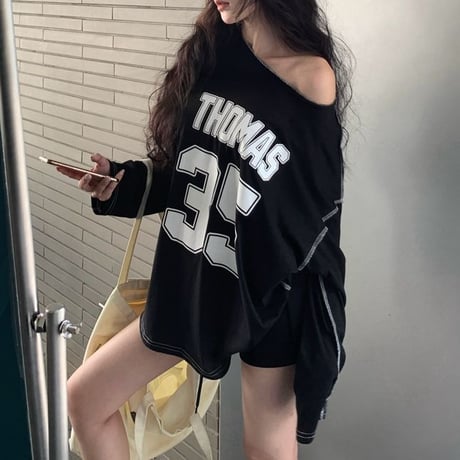 Tシャツ 長袖 ナンバリング レタープリント ロンT ワンショルダー オーバーサイズ トップス ルーズ レトロ 韓国ファッション レディース 大人可愛い ガーリー DTCA-861844447756