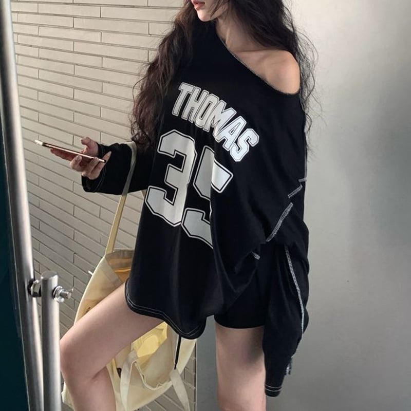 since thenキュート プリント 長袖 スリム tシャツ トップス Tシャツ 長袖 ナンバリング レタープリント ロンT ワン