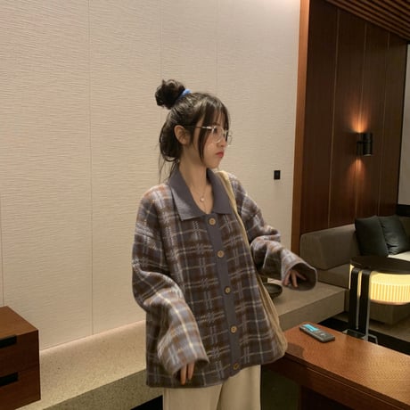 【アウター】 カーディガン チェック柄 保温 ベージュ パープル 長袖 韓国ファッション レディース POLO襟 シングルブレスト ゆったり レトロ かわいい ガーリー 609389060839