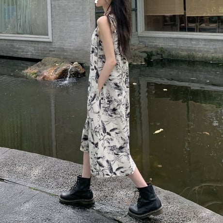水墨画風 花柄 ワンピース キャミワンピース ロングワンピース ハイウエスト ノースリーブ レトロ 韓国ファッション レディース 大人可愛い ガーリー フェミニン DTC-677819847417