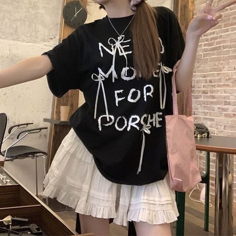 Tシャツ リボン 英字 オーバーサイズ トップス 半袖 スカート ティアードミニスカート フリル レトロ 韓国ファッション レディース 大人可愛い ガーリー DTC-789326173684