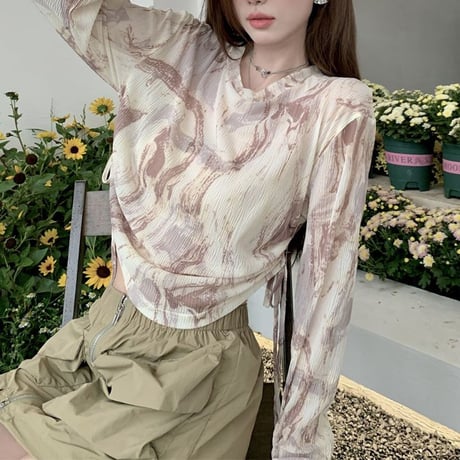 Tシャツ メッシュ 薄手 サイドドロスト ドローストリング ルーズ 長袖 レトロ 韓国ファッション レディース 大人可愛い ガーリー DTC-722434528937
