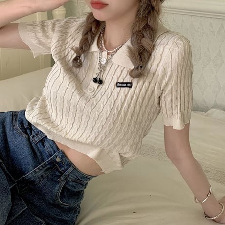【2カラー】 サマーニット ポロカラー Tシャツ ケーブル編み ショート丈 ポロシャツ 半袖 レトロ 韓国ファッション レディース 大人可愛い ガーリー カジュアル DTC-646667312344