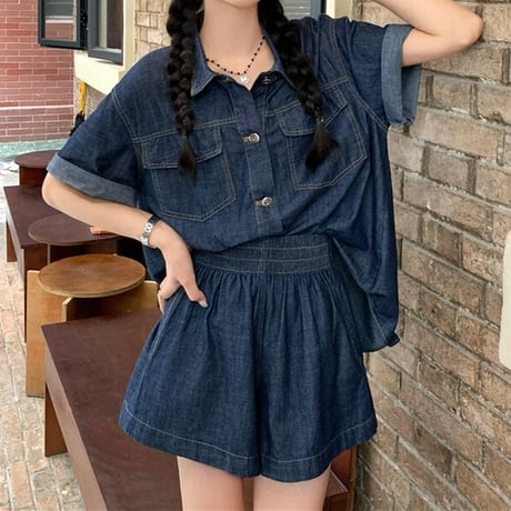 セットアップ デニムシャツ デニムショートパンツ 半袖 パンツスーツ ゆったり デニム レトロ 韓国ファッション レディース 大人可愛い ガーリー カジュアル DTC-675222209220
