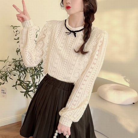 レースブラウス ブラウス レース 長袖 ルーズ レトロ 韓国ファッション レディース 大人可愛い ガーリー フェミニン DTC-666086954713