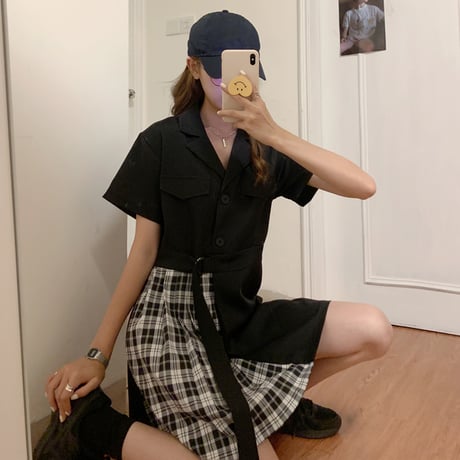 バイカラー 無地 × チェック柄 ワンピース 韓国ファッション レディース シャツワンピース 折り襟 ハイウエスト Aライン プリーツスカート 大人可愛い ガーリー DTC-620161771384