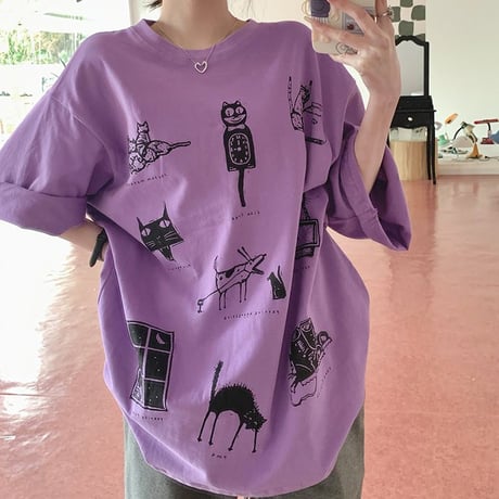 tシャツ 漫画風プリント トップス 半袖 クルーネック オーバーサイズ ルーズ ゆったり カジュアル レトロ 韓国ファッション レディース DTC-771349016436