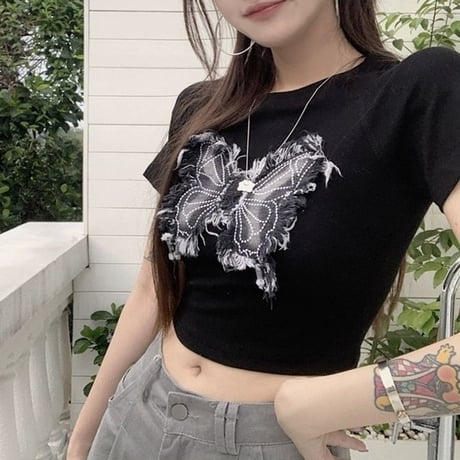 tシャツ バタフライ パッチワーク クロップド丈 ショート丈 スリムフィット トップス スリムトップス へそ出し 半袖 レトロ カジュアル ストリート女子 DTCA-780988742873