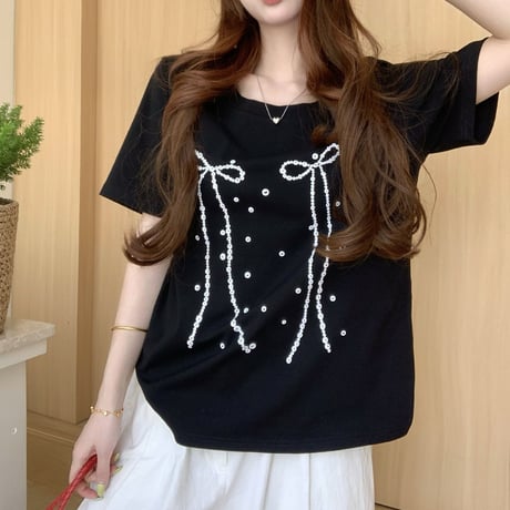 リボンプリント Tシャツ オーバーサイズ トップス ルーズ ゆったり 半袖 レトロ  大人可愛い ガーリー カジュアル フェミニン DTCA-780996917013
