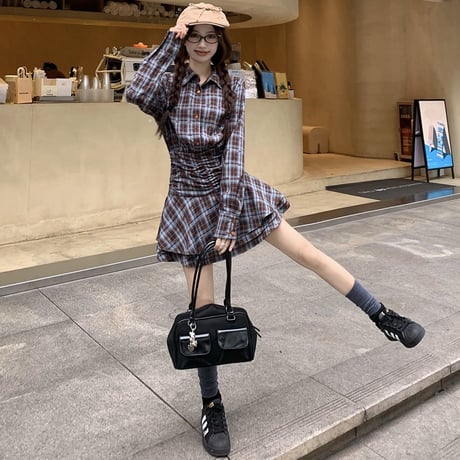 襟付き リボンチェック柄 シャツワンピース ウエストマーク ミニワンピース ハイウエスト 長袖 レトロ 韓国ファッション レディース 大人可愛い ガーリー DTC-833062826352