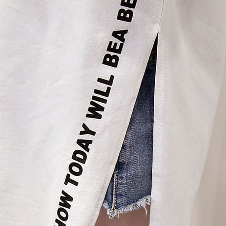 レディース サイドスリット ロングTシャツ ラウンドネック ゆったり Tシャツ レタリングプリント ストリート系 韓国ファッション (DCT-565267874379)