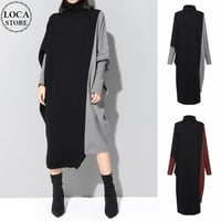 ニットワンピース アシンメトリー バイカラー ハイネック ロングワンピース ニット ワンピース ゆったり ルーズ 長袖 レトロ 大人可愛い ガーリー DTCA-620987413432