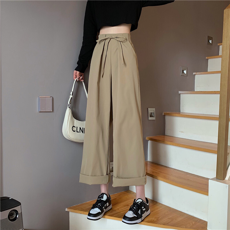 韓国ファッション ワイドレッグパンツ ハイウエスト 2色 S〜XL ワイドパンツ ワイドレッグパンツ ウエスト紐 ロング ゆったり