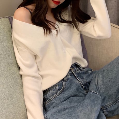 ニットカーディガン Vネック 薄手 シンプル トップス ショート丈 長袖 レトロ 韓国ファッション レディース 大人可愛い ガーリー カジュアル DTC-623854122742