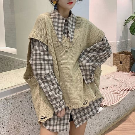 セットアップ チェック柄シャツ ダメージ加工 ニットベスト ルーズ ニット 秋 冬 韓国ファッション レディース ガーリー (DTC-601823900318_003)