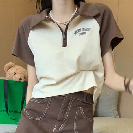 【3カラー】 ポロシャツ バイカラー ハーフジップ ショート丈 トップス 半袖 レトロ 韓国ファッション レディース 大人可愛い ガーリー カジュアル DTC-676872594169