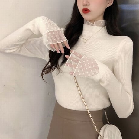 ニットセーター リブニット スリムフィット レース スリムニット 長袖 レトロ 大人可愛い ガーリー カジュアル フェミニン DTC-657732068760