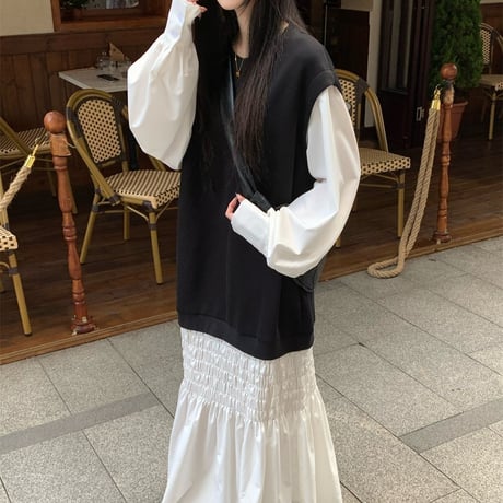 フェイクレイヤード ワンピース フェイクツーピース 切り替え ロングワンピース  Aライン ルーズ 長袖 レトロ 韓国ファッション レディース 大人可愛い ガーリー DTC-881028692653