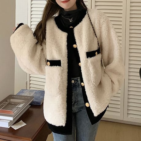 ボアカーディガン ボアジャケット 襟なし アウター もこもこ 厚手 長袖 ゆったり レトロ 韓国ファッション レディース 大人可愛い ガーリー カジュアル DTC-657187662535