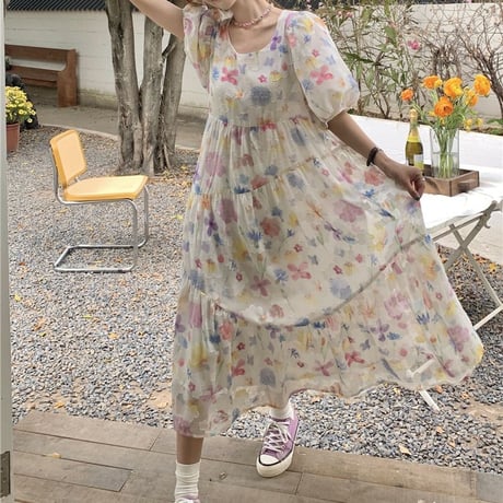 花柄ワンピース 半袖 パフスリーブ ゆったりウエスト プルオーバー Aライン レトロ 韓国ファッション レディース 大人可愛い ガーリー フェミニン DTC-708779539643