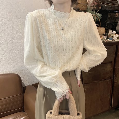 ブラウス ハーフハイネック パフスリーブ 起毛 レース トップス 長袖 プルオーバー レトロ 韓国ファッション レディース 大人可愛い ガーリー フェミニン DTC-689641806585