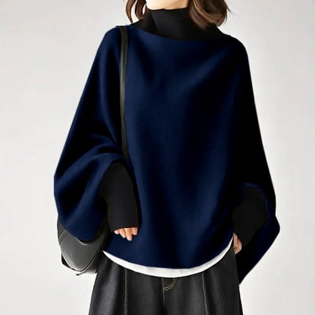 フェイクレイヤード ニット ハイネック トップス バットスリーブ ドレープ プルオーバー 体型カバー 重ね着風 ゆったり 長袖 レトロ 大人可愛い カジュアル DTCA-989917779618
