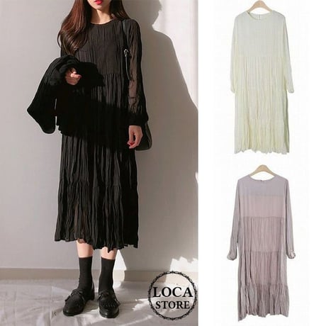 レディース ワンピース しわ加工 フレア ロング丈 レイヤード 重ね着風 フェミニン 韓国ファッション オルチャン (DCT-583465390564)