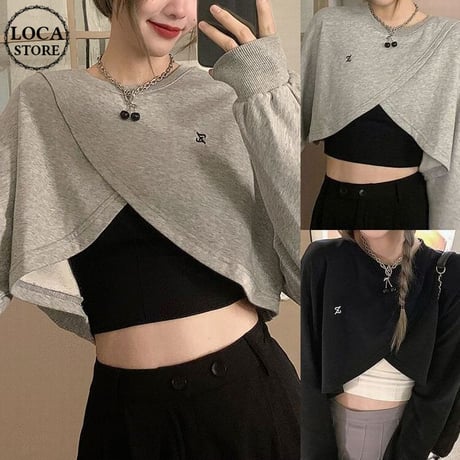 不規則 クロス トップス シンプル ルーズ 薄手 ショート丈 レトロ トレーナー 韓国ファッション レディース 大人可愛い ガーリー DTC-651057262550